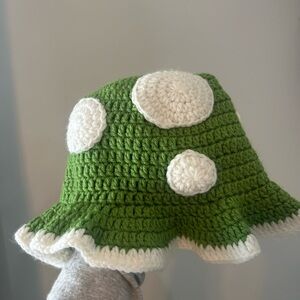 Mushroom Green White Crochet Knit Bucket Hat One Size cottage core prairie fairy